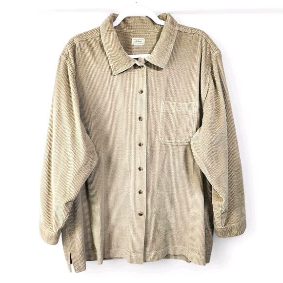 LL Bean Corduroy Button Up Shirt Jacket Brown Tan Front Pocket Womens Plus 2XL - Picture 1 of 9